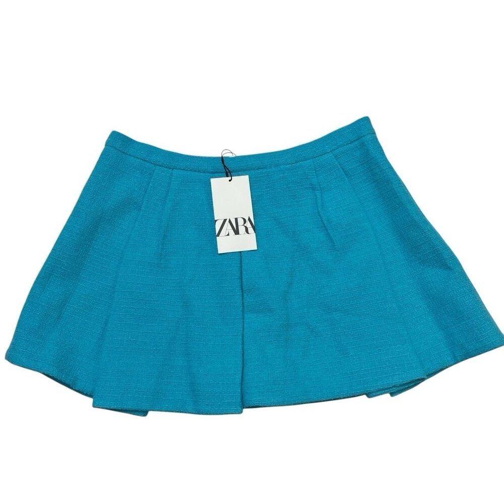 Zara Skort Blue‎ Boucle Knit Tweed Pleated Mini Size L Preppy Academia School